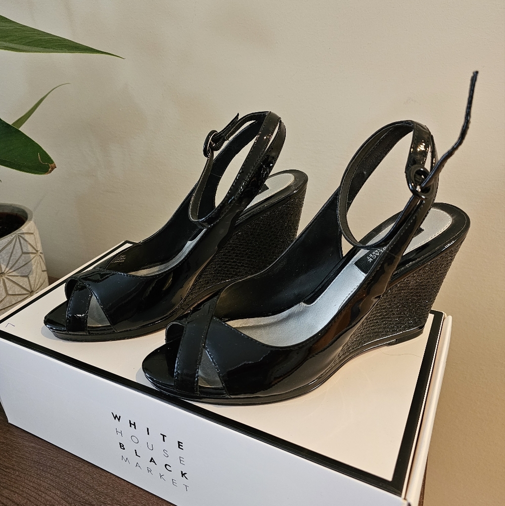 White House Black Market Black peep toe patent wedges